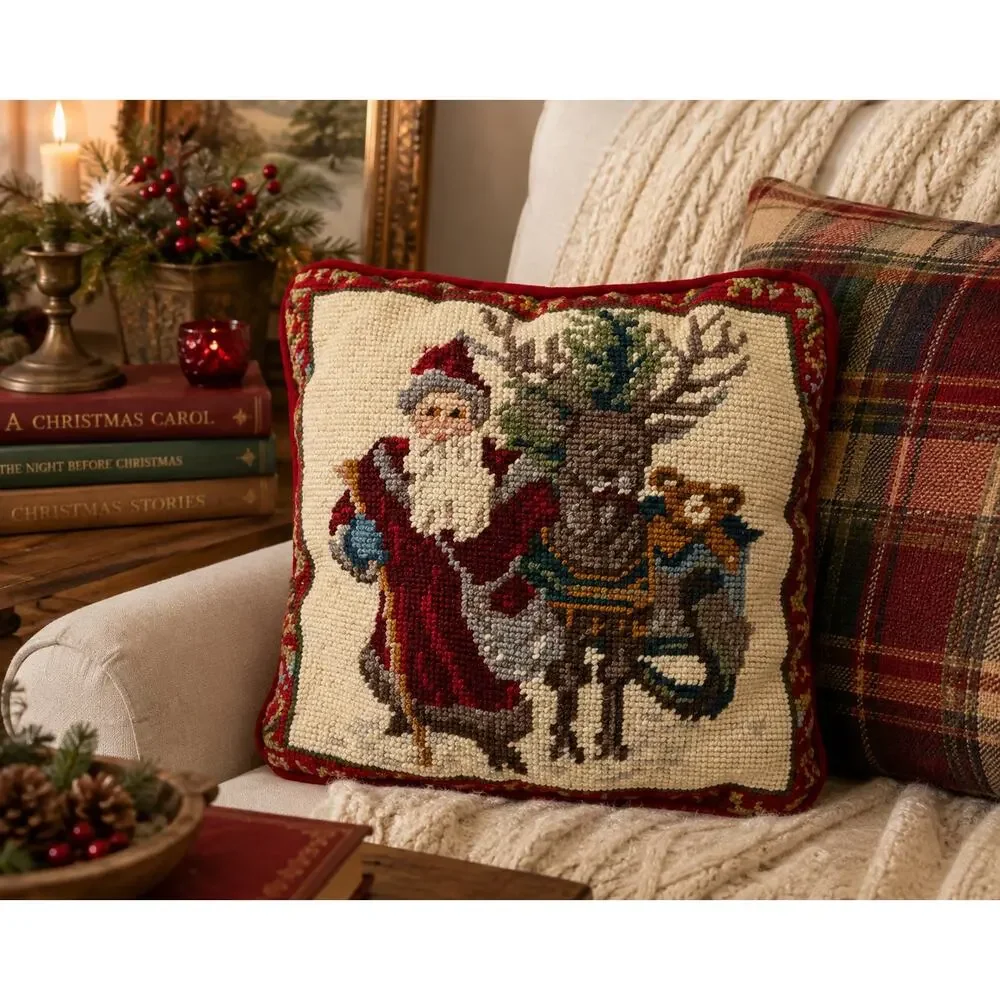 Vintage Christmas Accent Needlepoint Santa & Reindeer Pillow Red Velvet 9x9
